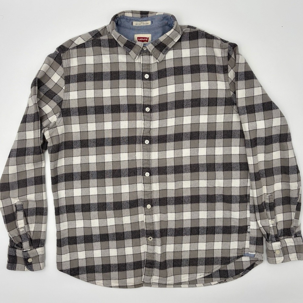 Levi's Mens XL Slim Fit Flannel Shirt Gray Black Plaid Long Sleeve Cotton